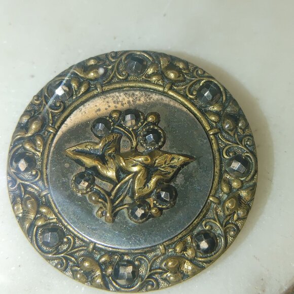 Antique Victorian Brass & Steel Button With Floral Design & Black Rhinestones - Picture 5 of 8